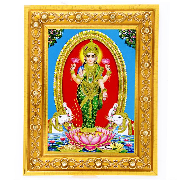 Bm Traders Laxmi Mata Golden Art Work Colour Photo In Golden Wall Hanging-/-TableTop Frame (7.50 X 9.50 Inch) OR (19.05 X 24.13 Cm) Religious Gifting