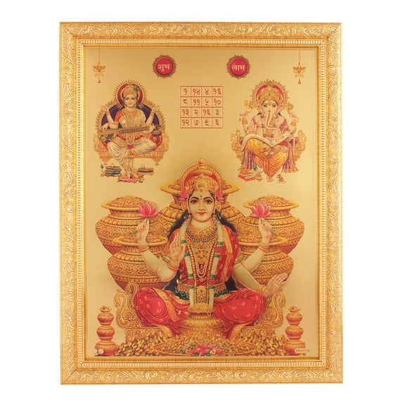 Bm Traders Laxmi Poojan Golden Foil Print Photo In Religious Frame (14 X 18 Inch)