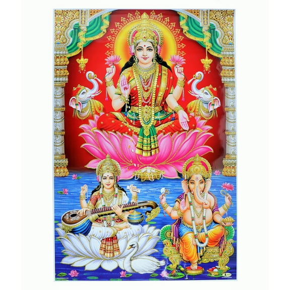 Bm Traders Laxmi Saraswati Ganesh Golden Zari Art Work Poster Without Frame (24 X 36 Inches)