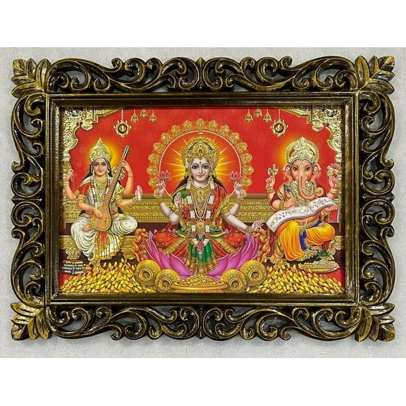 Bm Traders Maa Lakshmi Maa Saraswati Ganeshji Gold Artwork Print Photo Design In Carved Wooden Frame Duco Finish Polished Size (23 X 17 Inch) OR (58.42 X 43.18 Cm) Religious Gifts