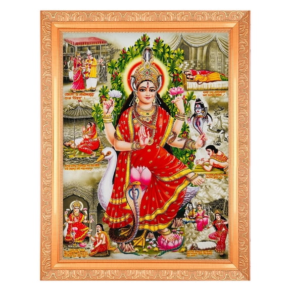 Bm Traders Manasa Mata Goddess Of Snakes Zari Print Photo In Religious Frame (14 X 18 Inch)