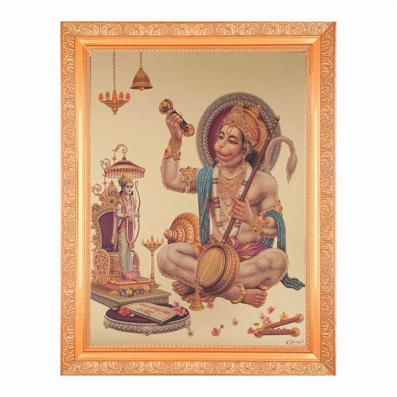 Bm Traders Meditating Hanumanji With Ram Bhagwan Golden Foil Photo In Gold Artwork Frame Big (14 X 18 Inches) Religious Gifting