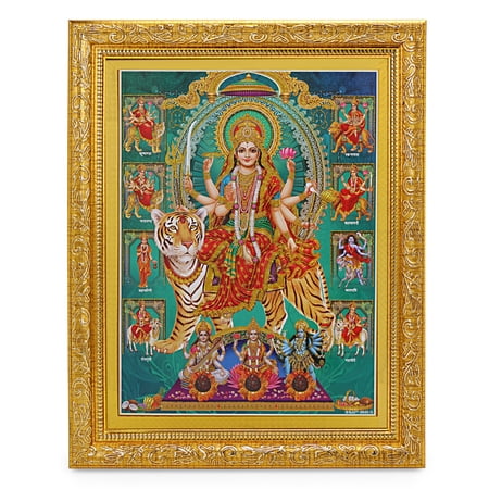 Bm Traders Nav Durga With Saraswati Lakshmi Kali Zari Print Photo In ArtWork Golden Frame (11 x 14 Inch)OR(27.94 X 35.56 Cm) Religious Gifting