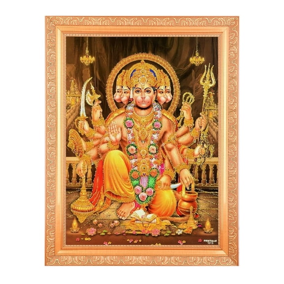 Bm Traders Panchmuhi Hanumanji Zari Print Photo In ArtWork Golden Frame (11 x 14 Inch)OR(27.94 X 35.56 Cm) Religious Gifting