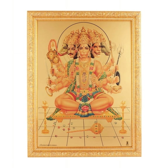 Bm Traders Panchmukhi Hanuman-ji Golden Foil Print Photo In Religious Frame (14 X 18 Inch)