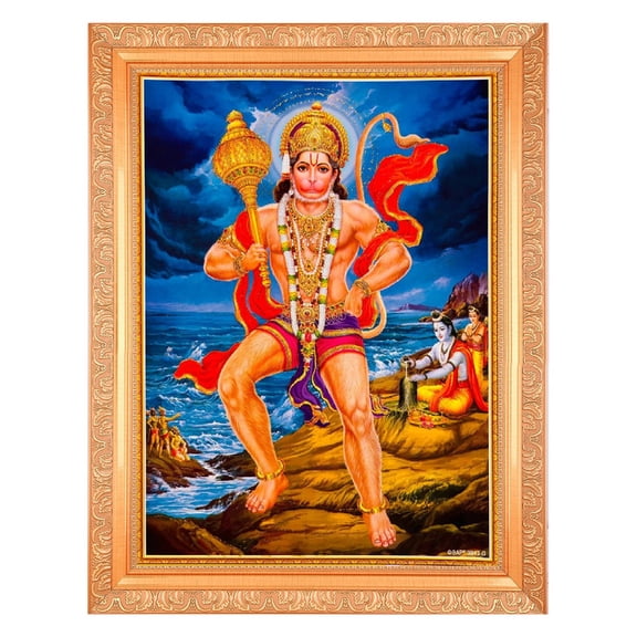 Bm Traders Pavan Putra Hanuman Zari Print Photo In ArtWork Golden Frame (11 x 14 Inch)OR(27.94 X 35.56 Cm) Religious Gifting