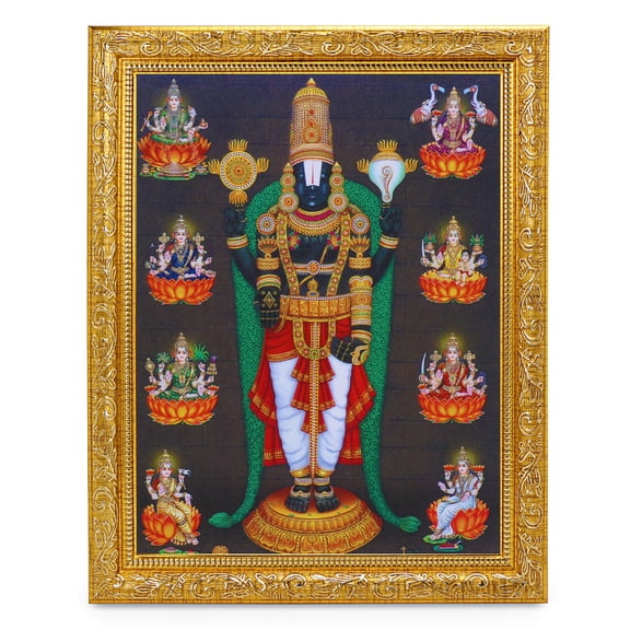 Bm Traders Perumal, Venkateswara, Balaji With Astalakshmi Beautiful Print Photo In ArtWork Golden Frame (11 x 14 Inch)OR(27.94 X 35.56 Cm) Religious Gifting