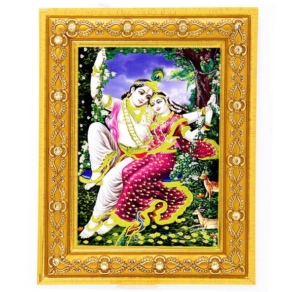 Bm Traders Radha Krishna On Swing Golden Art Work Colour Photo In Golden Wall Hanging-/-TableTop Frame (7.50 X 9.50 Inch) OR (19.05 X 24.13 Cm) Religious Gifting