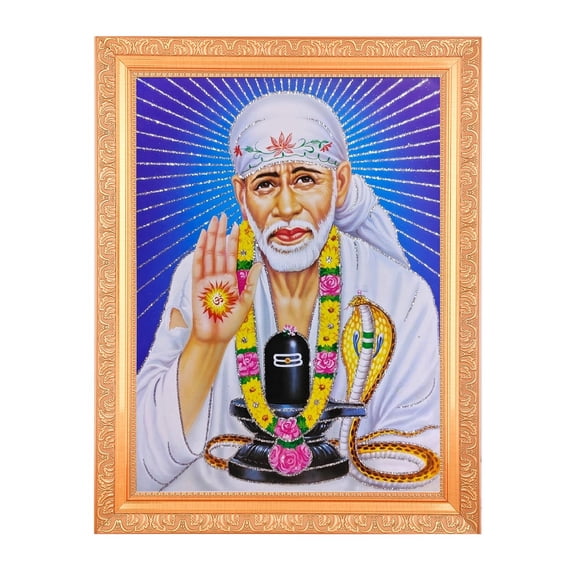Bm Traders Sai Baba Ashirwaad Zari Print Photo In ArtWork Golden Frame (11 x 14 Inch)OR(27.94 X 35.56 Cm) Religious Gifting