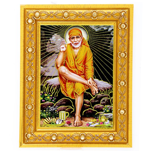 Bm Traders Sai Baba Nasik Golden Art Work Colour Photo In Golden Wall Hanging-/-TableTop Frame (7.50 X 9.50 Inch) OR (19.05 X 24.13 Cm) Religious Gifting