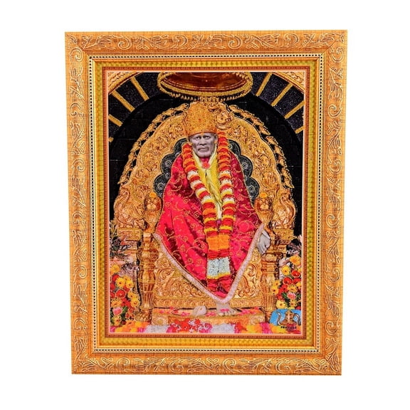 Bm Traders Sai Baba Shirdi Zari Print Photo In ArtWork Golden Frame (11 x 14 Inch)OR(27.94 X 35.56 Cm) Religious Gifting
