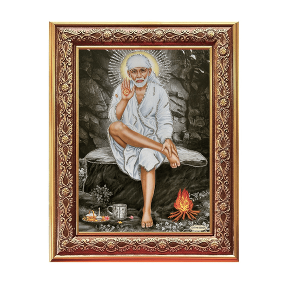 Bm Traders Sai Baba Silver Zari Artwork Photo In Golden Wall Hanging-/-TableTop Frame (7.50 X 9.50 Inch) OR (19.05 X 24.13 Cm) Religious Gifting