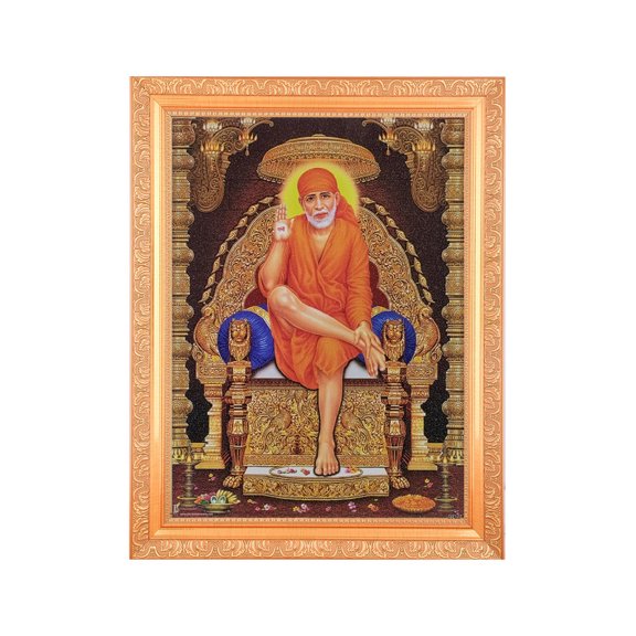 Bm Traders Sai Baba Sitting On Singhasan Beautiful Print Photo In ArtWork Golden Frame (11 x 14 Inch)OR(27.94 X 35.56 Cm) Religious Gifting