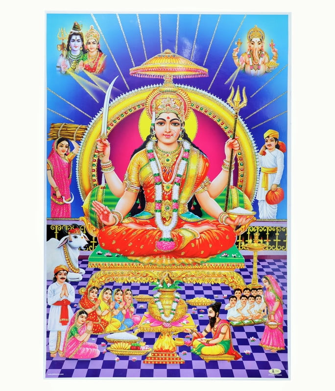 Santoshi Mata Zari - Quadro Religioso Con Cornice Dorata | Stampa Artistica Con Foto In Zari Argento, Cm 27,94 X 33,02 - 2