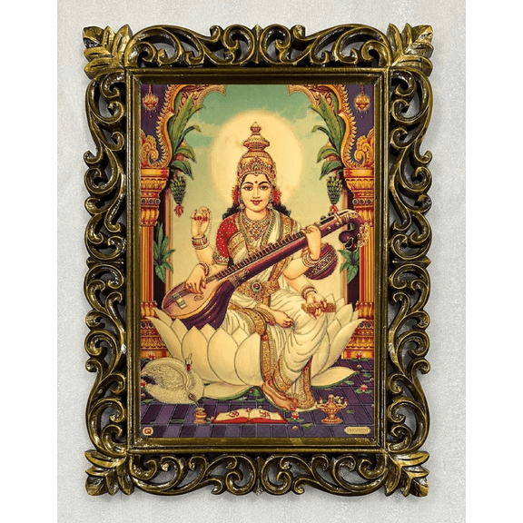 Bm Traders Saraswati Devi Gold Print Photo Design In Carved Wooden Frame Duco Finish Polished Size (23 X 17 Inch) OR (58.42 X 43.18 Cm) Religious Gifts