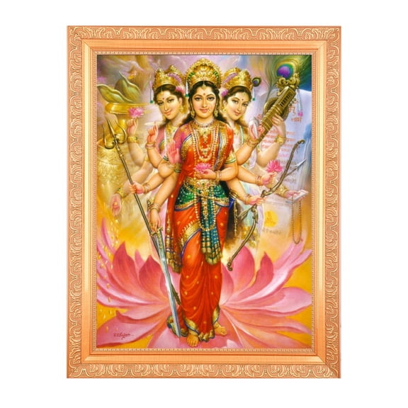 Bm Traders Saraswati, Lakshmi and Parvati Tridevi Maata Digital Print Photo In Golden Artwork Frame (11 x 14 Inch) OR (27.94 X 35.56 Cm) Religious Gifting