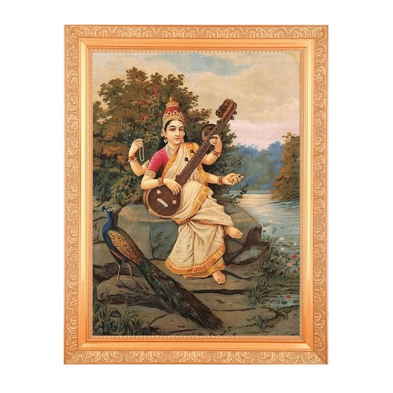 Bm Traders Saraswati Maa Vintage Design Digital Print Photo In Golden Artwork Frame (11 x 14 Inch)OR(27.94 X 35.56 Cm) Religious Gifting