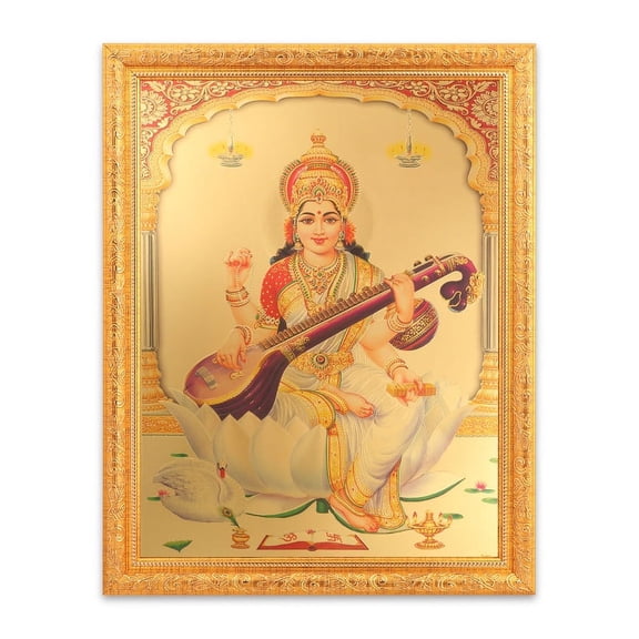 Bm Traders Saraswati Mata Golden Foil Print Photo In Religious Frame (14 X 18 Inch)
