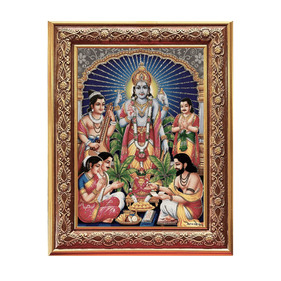 Bm Traders Satyanarayan Swami Silver Zari Artwork Photo In Golden Wall Hanging-/-TableTop Frame (7.50 X 9.50 Inch) OR (19.05 X 24.13 Cm) Religious Gifting