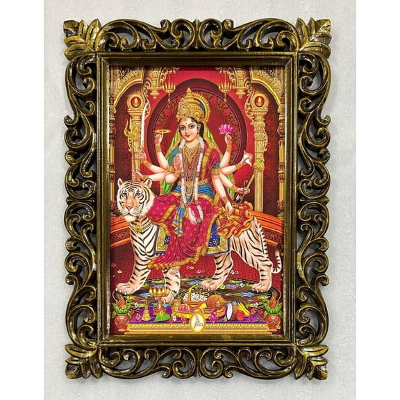 Bm Traders Sherawali Maa Durga Gold Artwork Print Photo Design In Carved Wooden Frame Duco Finish Polished Size (23 X 17 Inch) OR (58.42 X 43.18 Cm) Religious Gifts