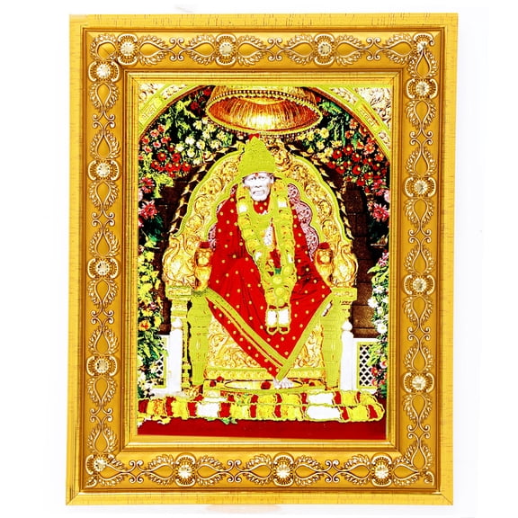 Bm Traders Shidi Sai Babaji Golden Art Work Colour Photo In Golden Wall Hanging-/-TableTop Frame (7.50 X 9.50 Inch) OR (19.05 X 24.13 Cm) Religious Gifting