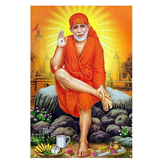 Bm Traders Shirdi Sai Baba Golden Zari Art Work Poster Without Frame (24 X 36 Inches)