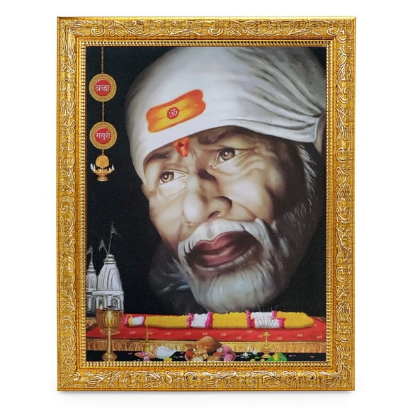 Bm Traders Shirdi Sai Baba Mukh Darshan Beautiful Print Photo In ArtWork Golden Frame (11 x 14 Inch)OR(27.94 X 35.56 Cm) Religious Gifting