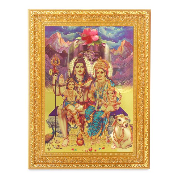 Bm Traders Shiv Parivar Beautiful Golden Foil Photo In ArtWork Golden Frame (11 x 14 Inch)OR(27.94 X 35.56 Cm) Housewarming Gifts