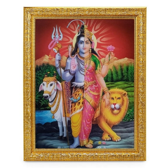 Bm Traders Shiv Parvati Adishakti Beautiful Print Photo In ArtWork Golden Frame (11 x 14 Inch)OR(27.94 X 35.56 Cm) Religious Gifting