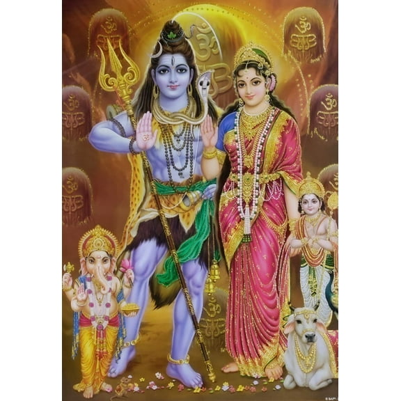 Bm Traders Shiv Parvati Ganesha Golden Zari Art Work Poster Without Frame (24 X 36 Inches)