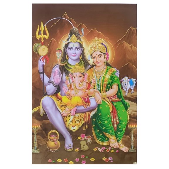 Bm Traders Shiv Parvati Ganeshji Golden Zari Art Work Poster Without Frame (24 X 36 Inches)