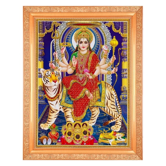 Bm Traders Shreawali Durga Devi Zari Print Photo In ArtWork Golden Frame (11 x 14 Inch)OR(27.94 X 35.56 Cm) Religious Gifting