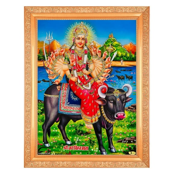 Bm Traders Shree Vihat Mata Zari Print Photo In ArtWork Golden Frame (11 x 14 Inch)OR(27.94 X 35.56 Cm) Religious Gifting