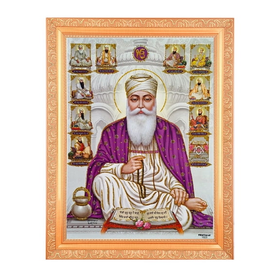 Bm Traders Sikh 10 Gurus Zari Print Photo In ArtWork Golden Frame (11 x 14 Inch)OR(27.94 X 35.56 Cm) Religious Gifting