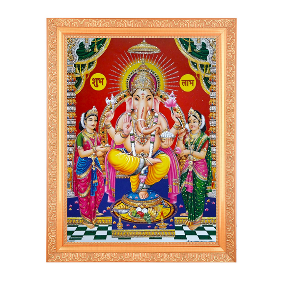 Bm Traders Subh Labh Riddhi Siddhi Zari Print Photo In ArtWork Golden Frame (11 x 14 Inch)OR(27.94 X 35.56 Cm) Religious Gifting