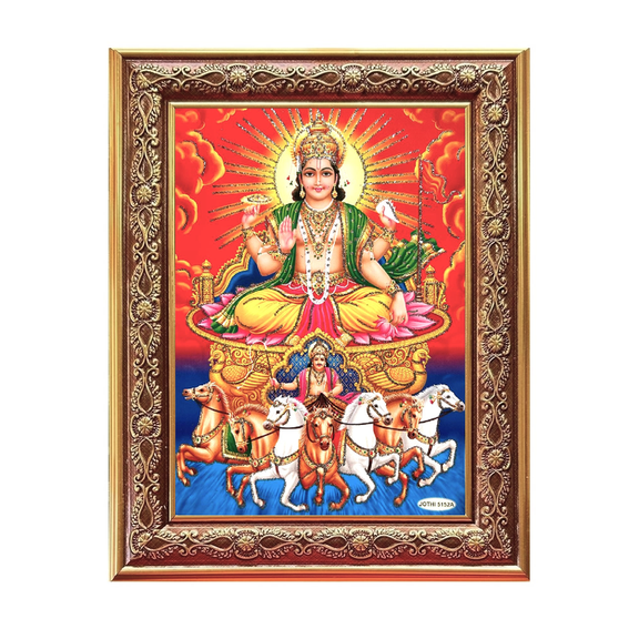 Bm Traders Surya Devta Silver Zari Artwork Photo In Golden Wall Hanging-/-TableTop Frame (7.50 X 9.50 Inch) OR (19.05 X 24.13 Cm) Religious Gifting