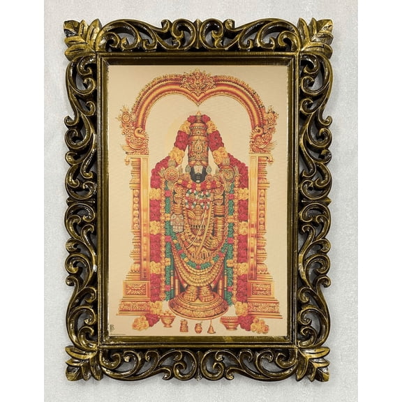 Bm Traders Tirupati Balaji Gold Print Photo Design In Carved Wooden Frame Duco Finish Polished Size (23 X 17 Inch) OR (58.42 X 43.18 Cm) Religious Gifts