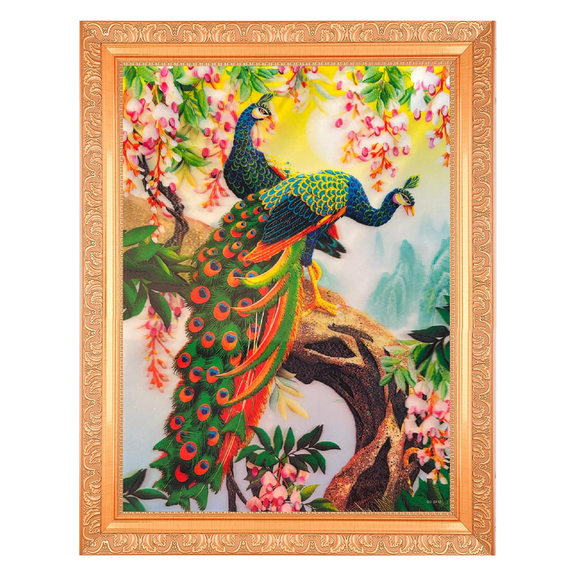 Bm Traders Vastu Peacocks For Goodluck Vintage Collection 5 Dimensional Layer (With 5D Effect) Art Work Photo In Golden Frame Big (14 X 18 Inches)