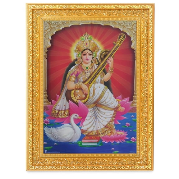 Bm Traders Vintage Design Maa Saraswati Digital Print Photo In ArtWork Golden Frame (11 x 14 Inch)OR(27.94 X 35.56 Cm) Religious Gifting