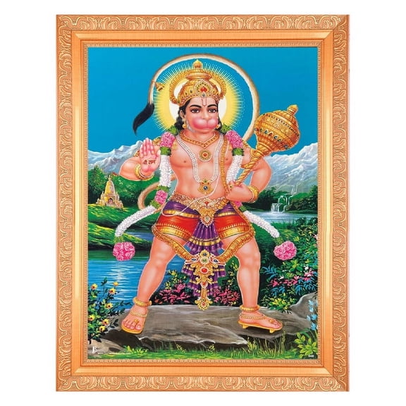 Bm Traders Vintage Design Pawan Putra Hanuman Digital Print Photo In ArtWork Golden Frame (11 x 14 Inch)OR(27.94 X 35.56 Cm) Religious Gifting