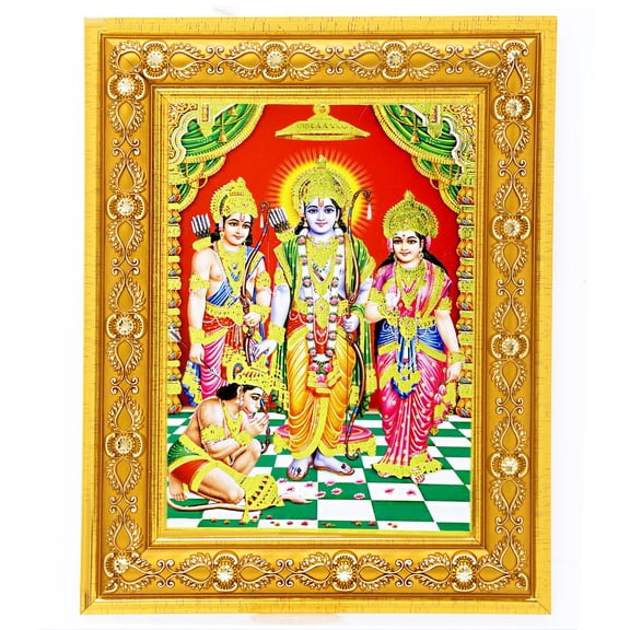 Bm Traders Vintage Ram Darbar Golden Art Work Colour Photo In Golden Wall Hanging-/-TableTop Frame (7.50 X 9.50 Inch) OR (19.05 X 24.13 Cm) Religious Gifting