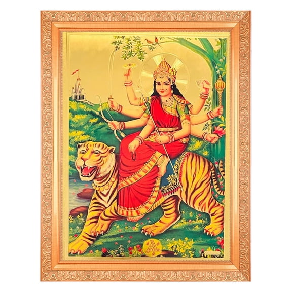 Bm Traders Vintage Sherawali Durga Beautiful Golden Foil Photo In ArtWork Golden Frame (11 x 14 Inch)OR(27.94 X 35.56 Cm) Housewarming Gifts