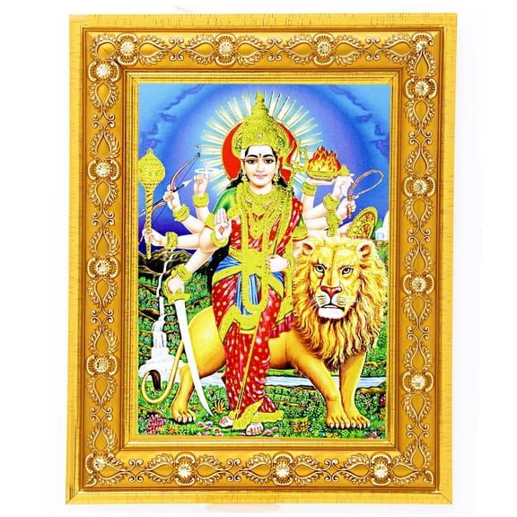 Bm Traders Vintage Sherawali Mata Golden Art Work Colour Photo In Golden Wall Hanging-/-TableTop Frame (7.50 X 9.50 Inch) OR (19.05 X 24.13 Cm) Religious Gifting