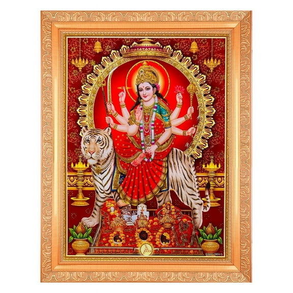 Bm Traders Vintange Design Durga Devi Zari Print Photo In ArtWork Golden Frame (11 x 14 Inch)OR(27.94 X 35.56 Cm) Religious Gifting
