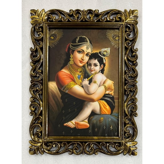 Bm Traders Yashoda Maa With Bal Kishanji Gold Artwork Print Photo Design In Carved Wooden Frame Duco Finish Polished Size (23 X 17 Inch) OR (58.42 X 43.18 Cm) Religious Gifts