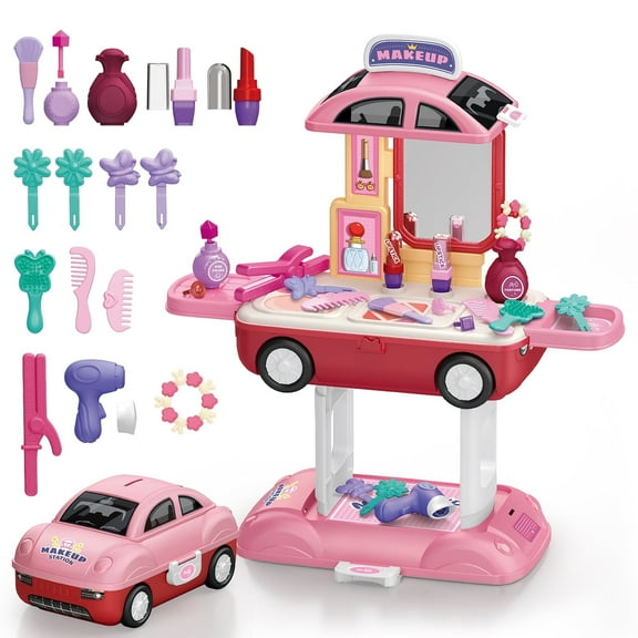 Bmag 40 PCS Kids Vanity Set, Pretend Play Girls Makeup Vanity Table with Mirror, Gift for Girls 3 4 5 6 Years Old, Pink