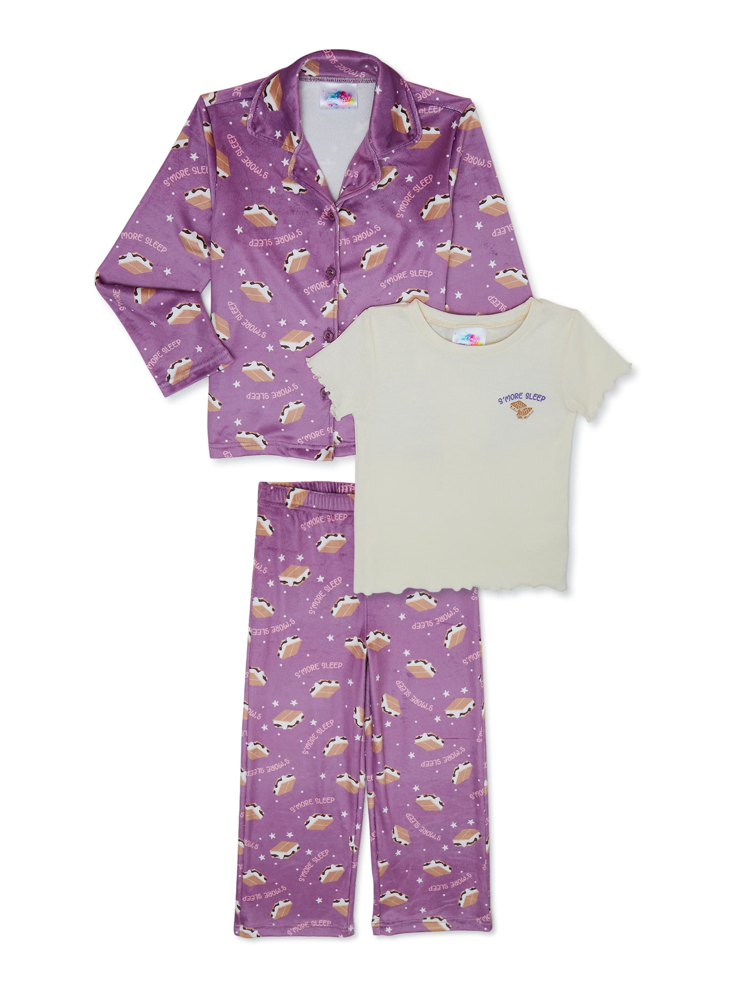 Bmagical Girls Long Sleeve Notch Collar Top, Short Sleeve Top and Pant  3-Piece Pajama Set, Sizes 4-12