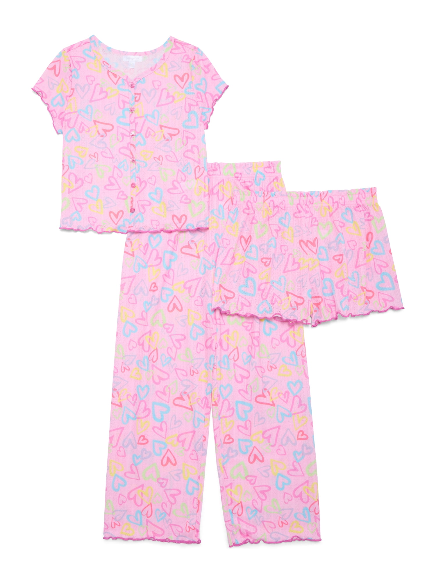 Bmagical Girls Pointelle Short Sleeve Top, Shorts, and Pant Pajama Set, Sizes 4-16