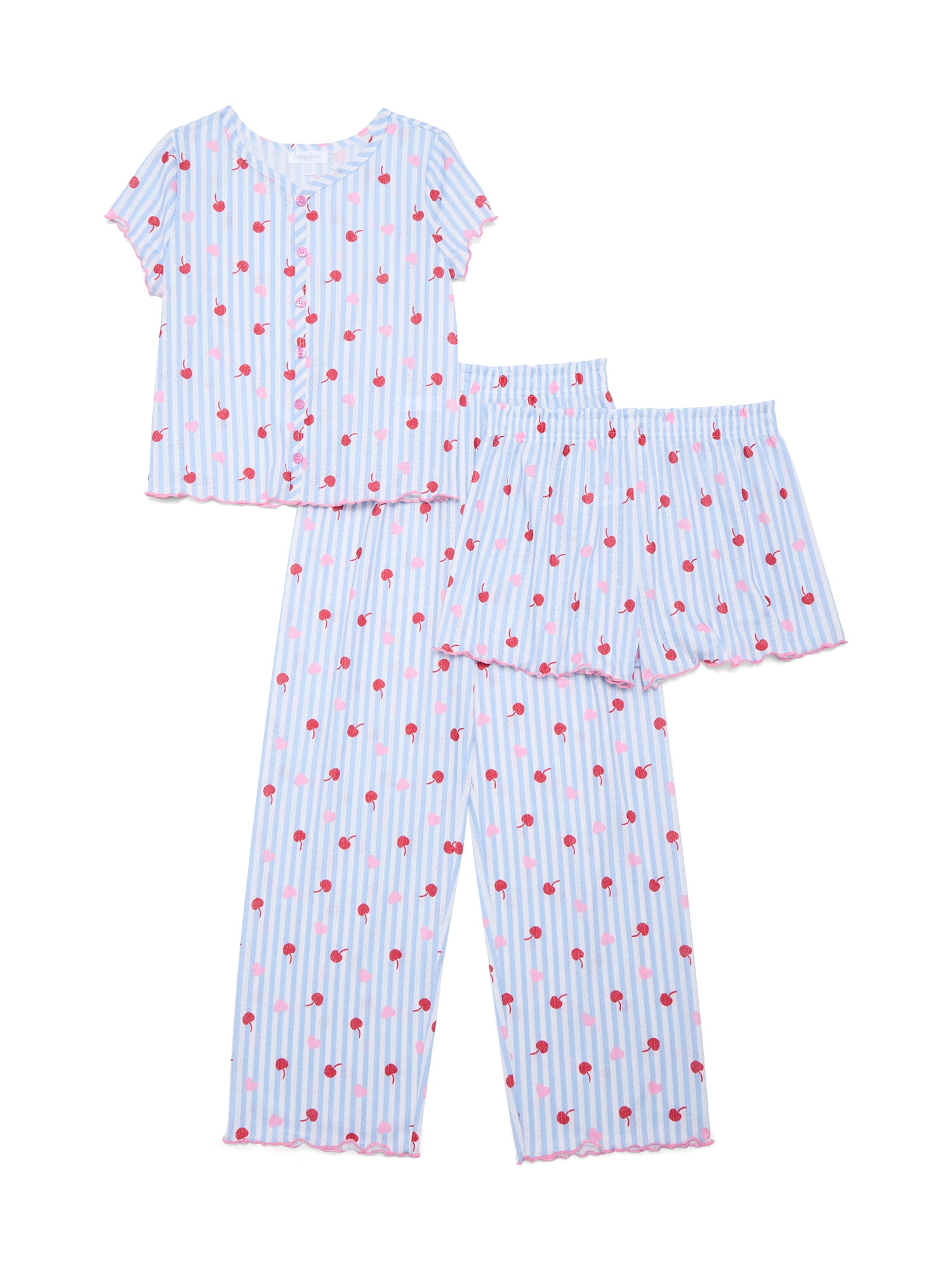 Bmagical Girls Pointelle Short Sleeve Top, Shorts, and Pant Pajama Set, Sizes 4-16