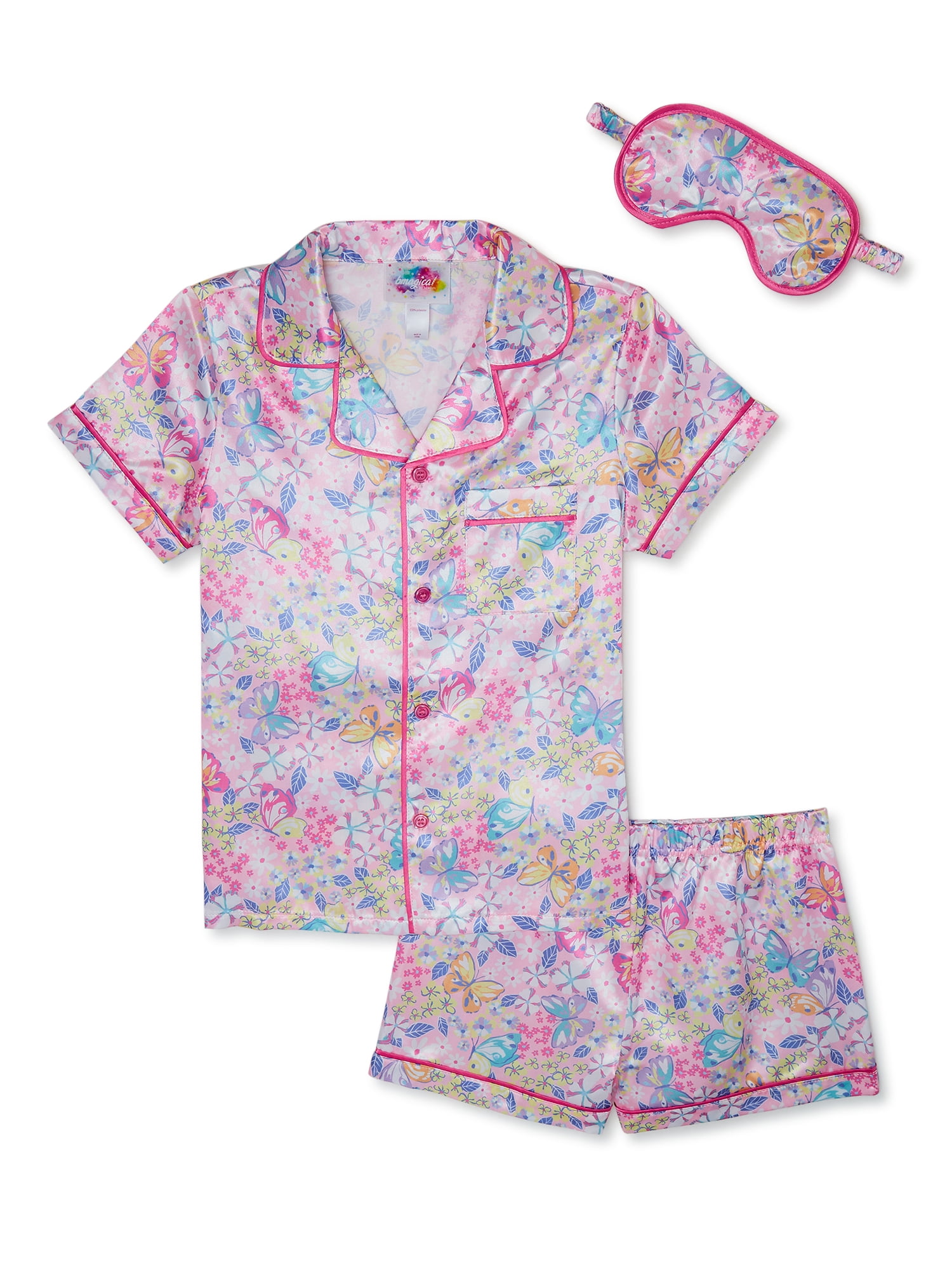 Bmagical Girls Satin Button Front Top, Shorts, and Sleep Mask Pajama